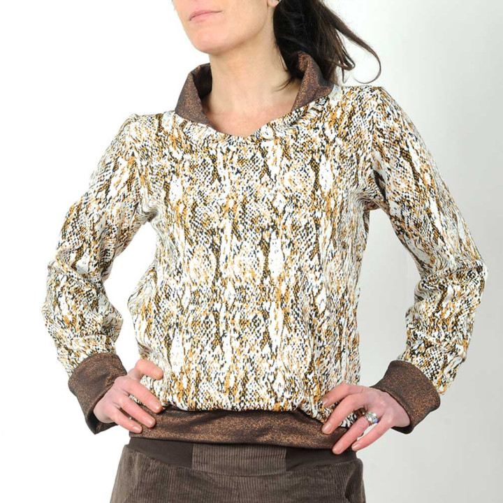 Pull sweat femme blanc noir bronze, col foulard Made in France