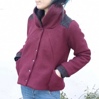 Blouson d'hiver en laine rouge bordeaux, Manteau court à grand col, Fabrication artisanale française