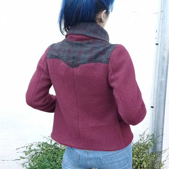 Crimson red wool winter jacket with plaid details, Short womens coat, Made in France