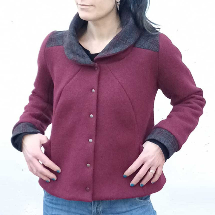 Crimson red wool winter jacket with plaid details, Short womens coat, Made in France