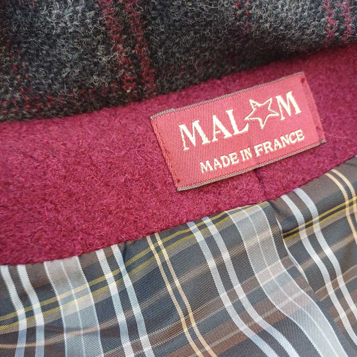 Blouson d'hiver en laine rouge bordeaux, Manteau court à grand col, Fabrication artisanale française