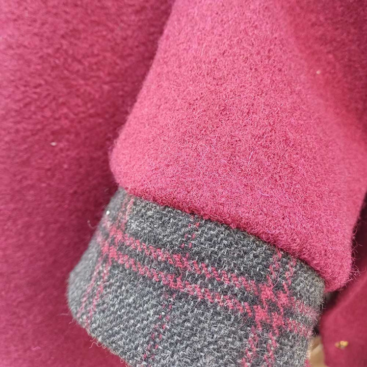 Blouson d'hiver en laine rouge bordeaux, Manteau court à grand col, Fabrication artisanale française