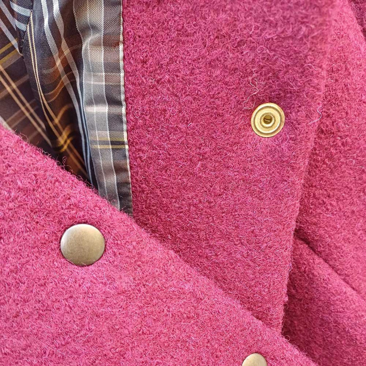 Crimson red wool winter jacket with plaid details, Short womens coat, Made in France