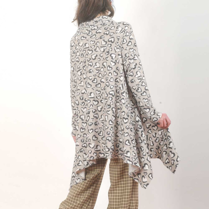 Assymetrical tunic sweater, beige and black heart-shaped leopard print knit, Made in France