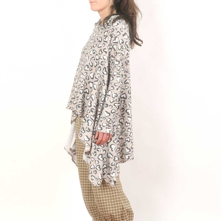 Assymetrical tunic sweater, beige and black heart-shaped leopard print knit, Made in France