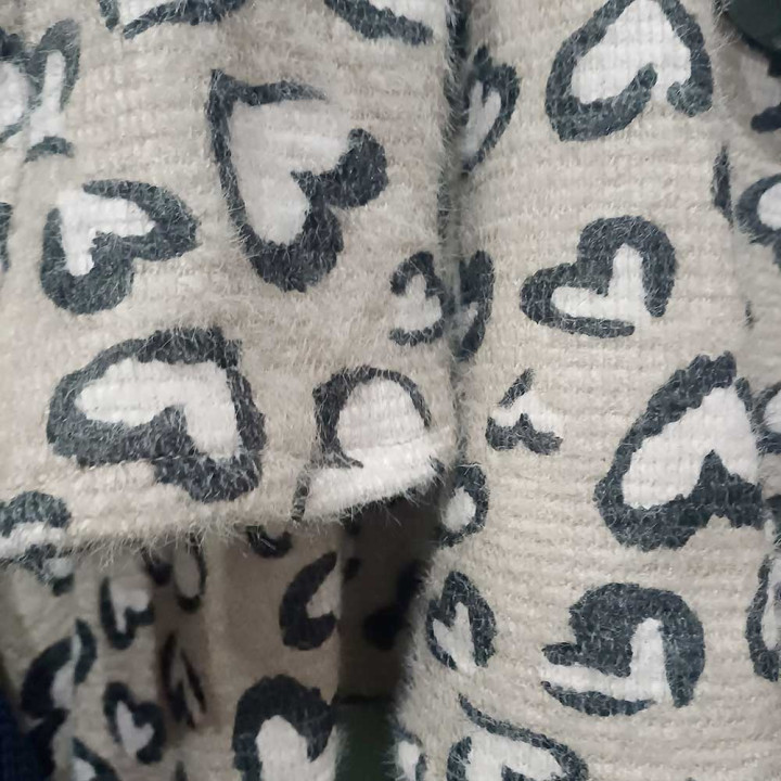 Assymetrical tunic sweater, beige and black heart-shaped leopard print knit, Made in France