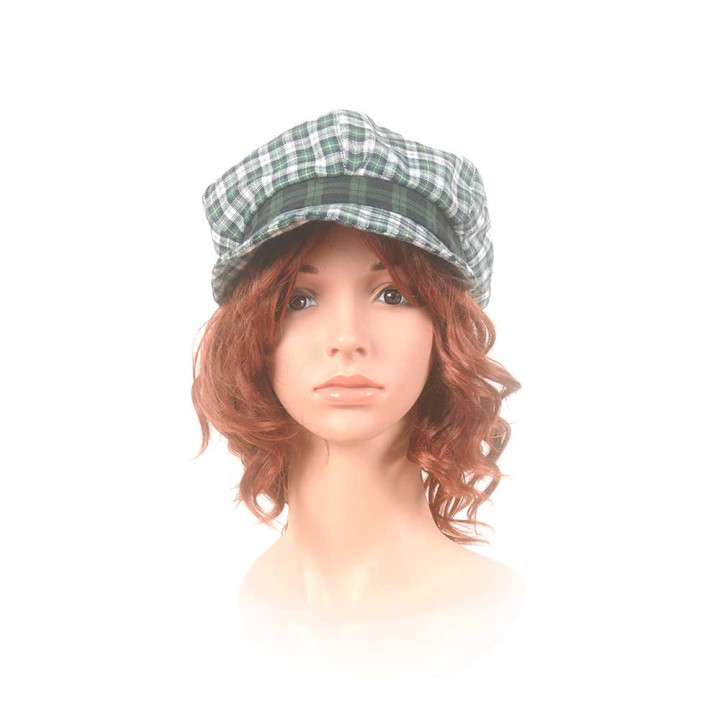 Green checkered newsboy cap hat, vintage fabric, Made in France