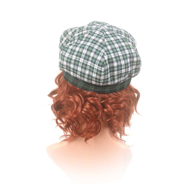 Green checkered newsboy cap hat, vintage fabric, Made in France