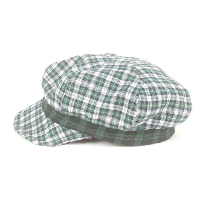 Green checkered newsboy cap hat, vintage fabric, Made in France
