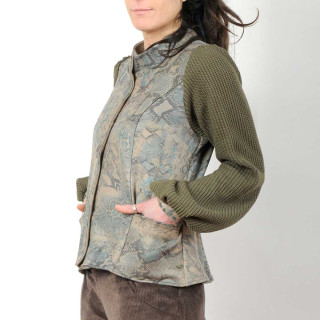 Veste femme ajustée suédine imprimée beige manches maille coton kaki fabrication artisanale