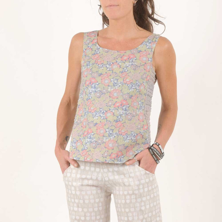 Top débardeur femme été coton fleuri tons doux création artisanale originale pièce unique fabriqué en France atelier MALAM