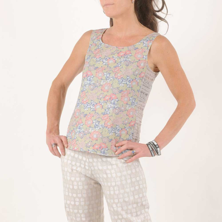 Women one-of-a-kind floral cotton top with light grey stretch lace handmade in France at MALAM’s workshop gift idea