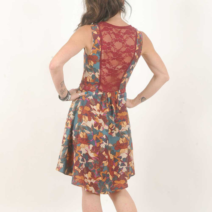 Women’s Printed Viscose Dress With Raspberry Lace Back Handmade In France | MALAM