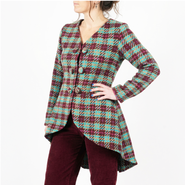 Women’s unique checked frock coat in beige, blue and burgundy, handmade in france designer MALAM.