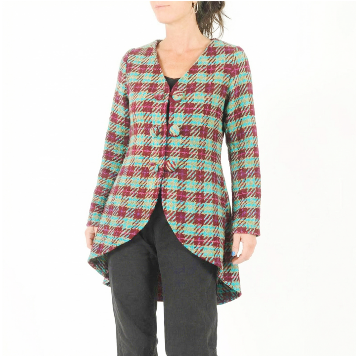 Blue, beige and crimson red checkered cotton swallowtail jacket, Handmade in France