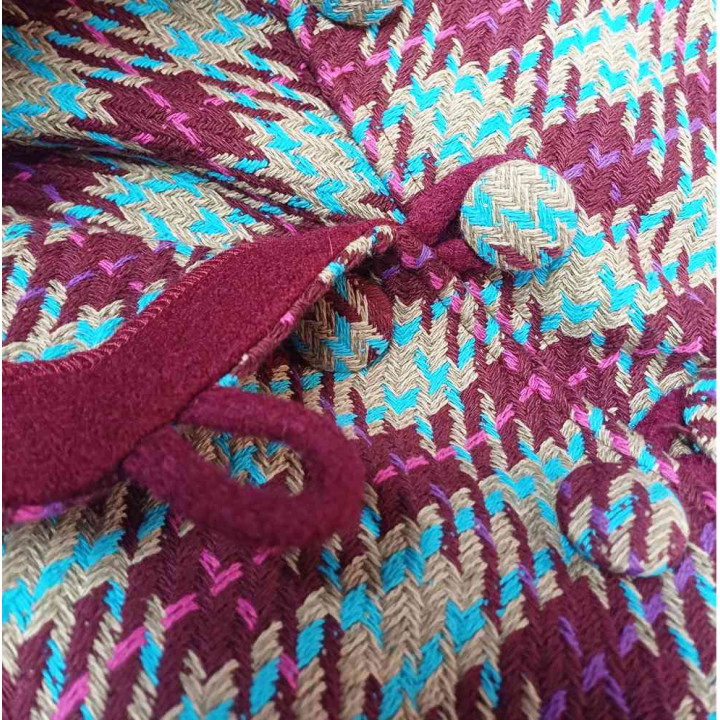 Veste redingote carreaux beige bleu bordeaux, plis au dos, Made in France