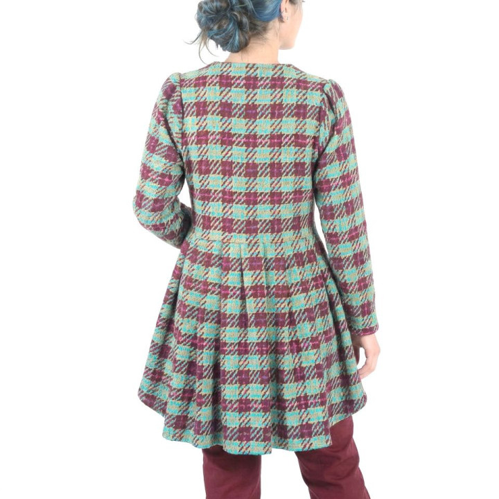 Veste femme carreaux élégante et originale, plissée dans le dos, pièce création MALAM.