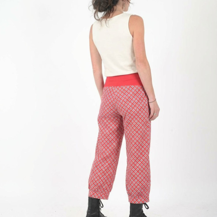 Handmade red cotton patterned trousers from MALAM’s workshop, fun womens clothing