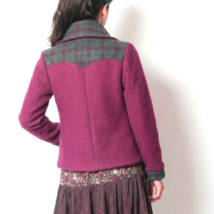 Crimson red wool winter jacket with plaid details, Short womens coat, Made in France