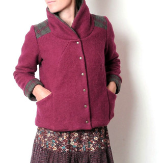 Blouson d'hiver en laine rouge bordeaux, Manteau court à grand col, Fabrication artisanale française