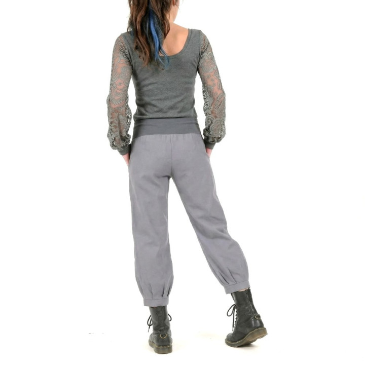 Grey cropped trousers for women, wide jersey waistband, handmade in France.