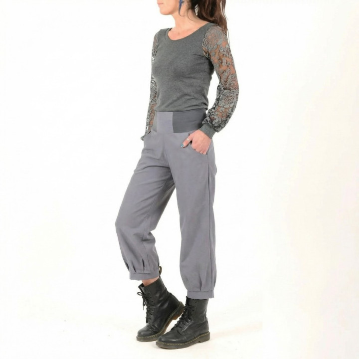 Pantalon femme 4/5 gris moyen en toile viscose, ceinture jersey – MALAM.