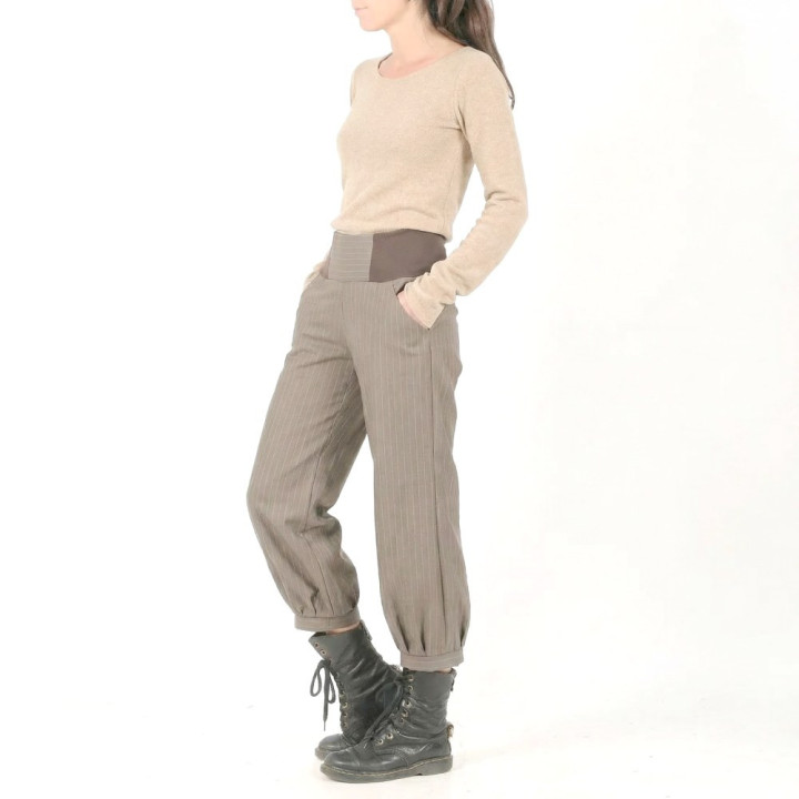 Women’s taupe brown supple cropped trousers with fine blue stripes, handmade by MALAM.