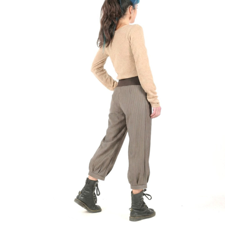 Women’s cropped taupe brown trousers with blue pinstripes, handmade by designer MALAM.