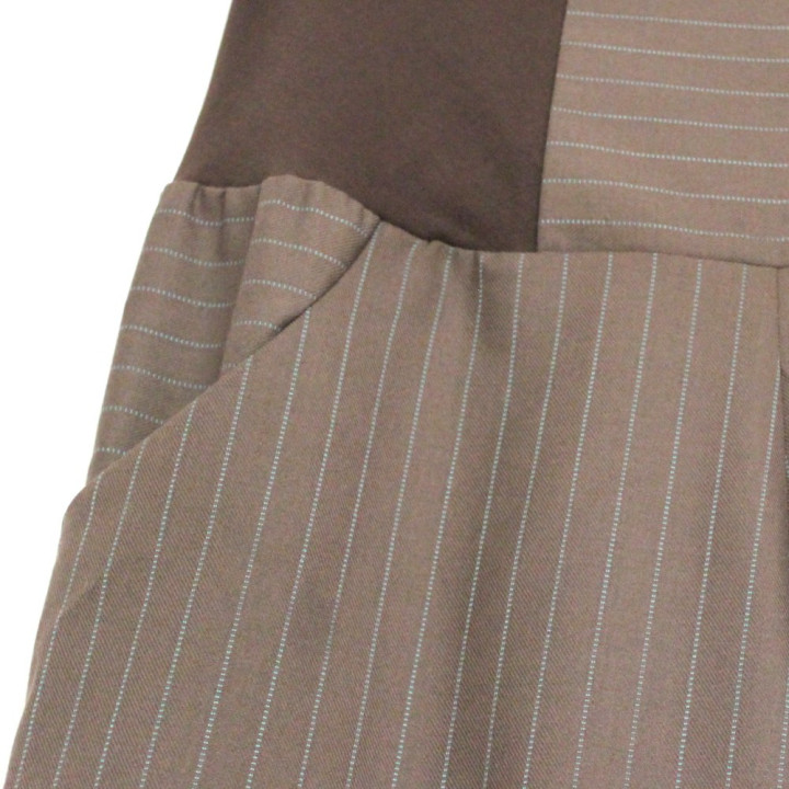 Women’s cropped taupe brown trousers with blue pinstripes, handmade by designer MALAM.
