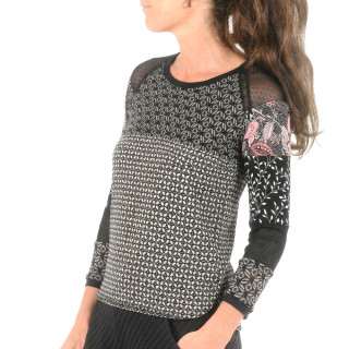 Top femme original noir et blanc patchwork jersey et dentelle, pièce unique MALAM