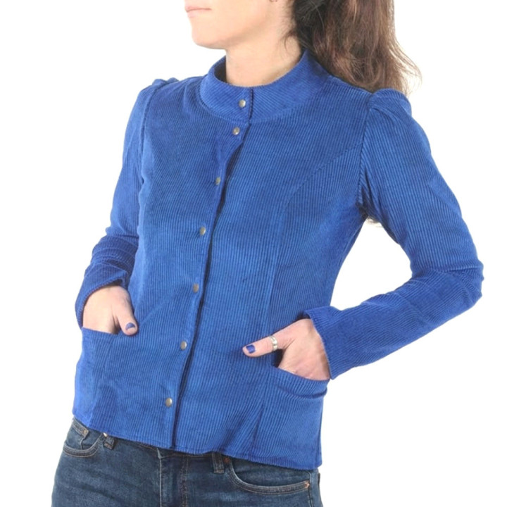 Fitted women’s deep blue cord jacket, handmade in France, designer apparel