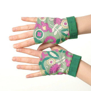 Gantelets mitaines femme viscose vintage imprimée psychédélique, doublure soie verte MALAM.