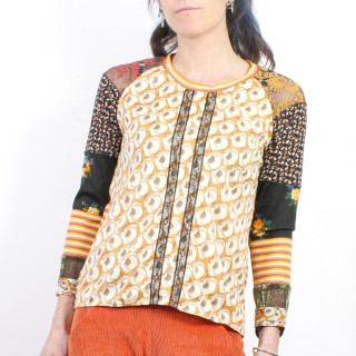 Women’s orange blanc white patchwork top in contemporary and vintage jersey, one-of-a-kind MALAM designer piece.