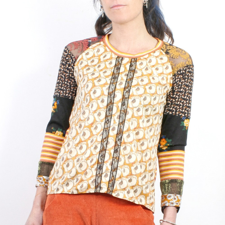 Top femme patchwork orange noir beige jersey contemporain et vintage, pièce unique MALAM