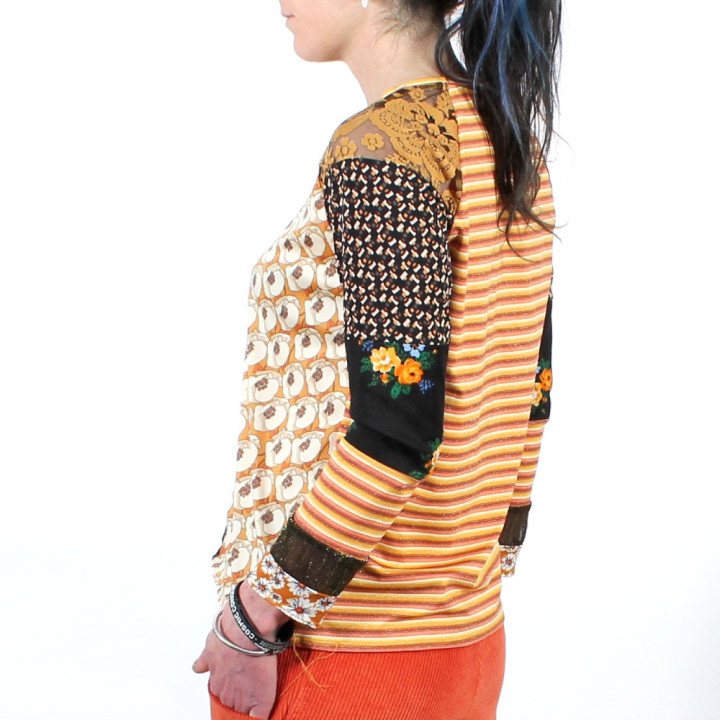 Original women’s top with floral mesh and printed jersey, handmade in France by designer MALAM