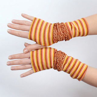Women’s fun striped jersey fingerless gloves in warm tones, handmade MALAM accessories.