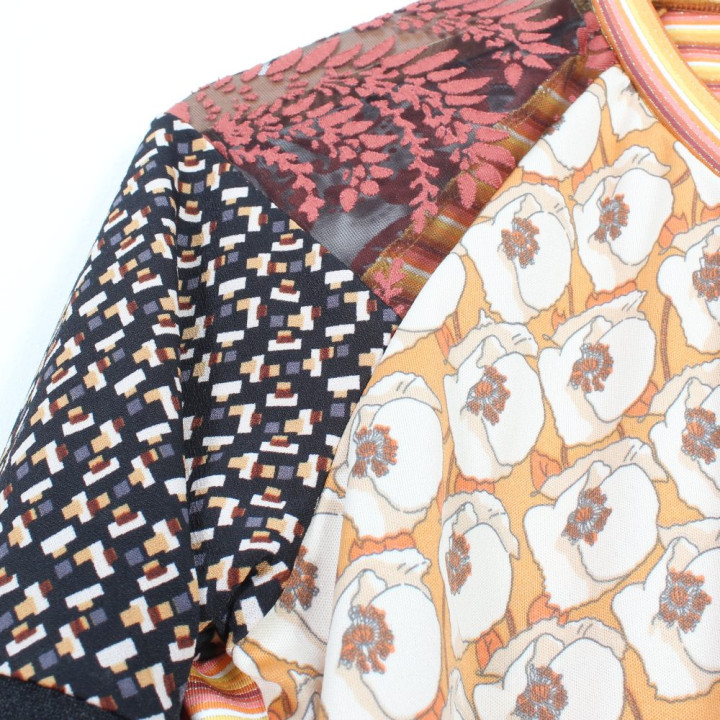 Women’s Orange Black Yellow White Patchwork Jersey And Floral Mesh Top One Of A Kind – MALAM Handmade in France