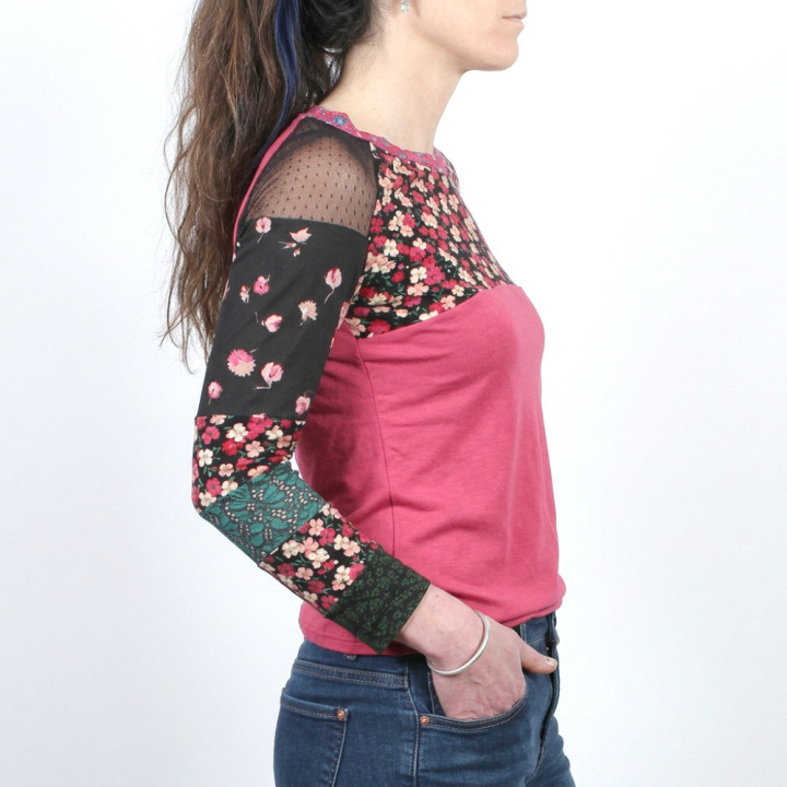 Original women’s floral top with green lace, handmade in France. Fun colorful designer clothing.