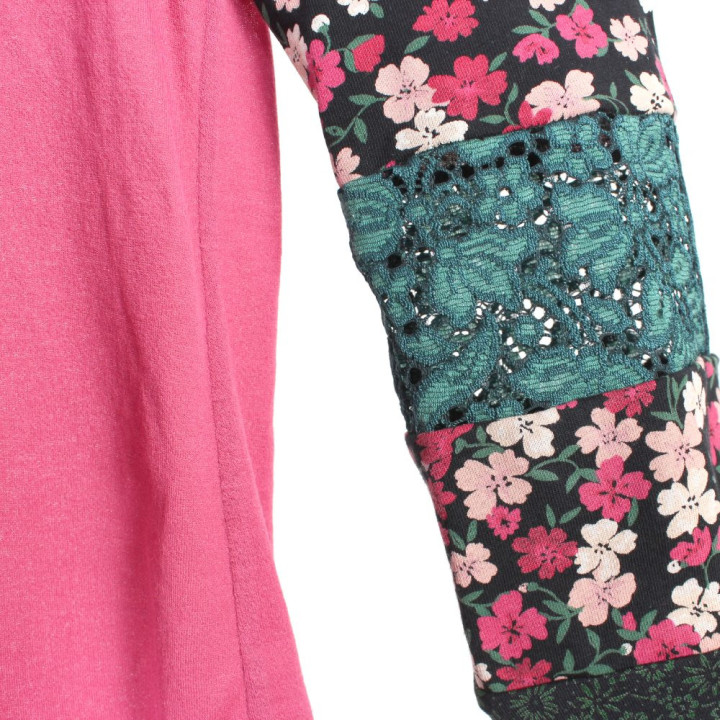 Top Femme Patchwork Fleuri Rose Noir Vert Dentelle Résille Pièce Unique – MALAM Made in France