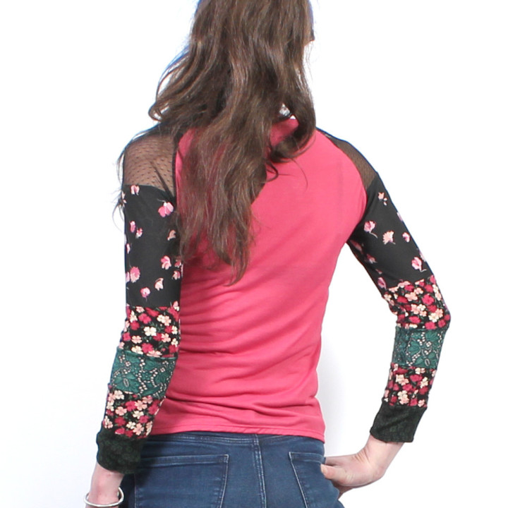 Top femme original rose noir vert patchwork imprimé et résille, création colorée atelier MALAM.