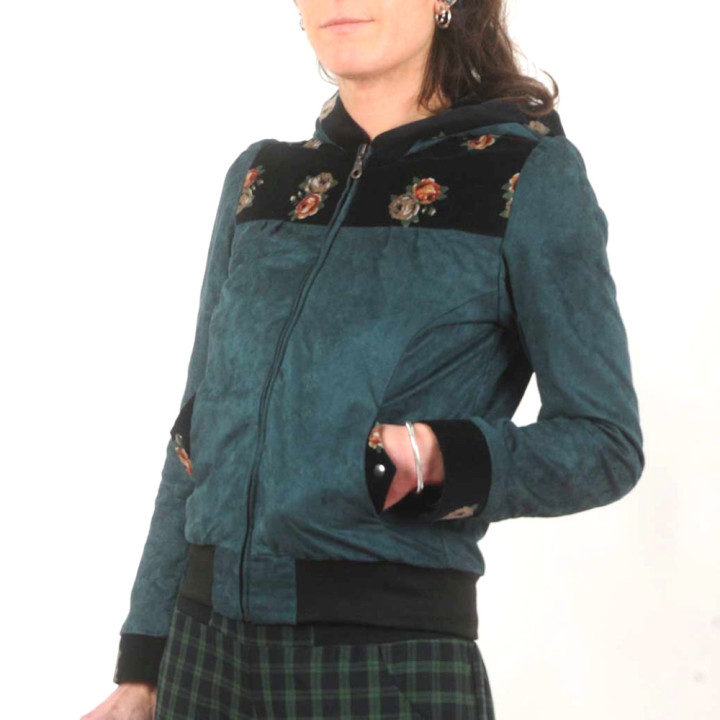 Womens green and black floral zippered hooded jacket, vintage velvet, handmade designer clothing