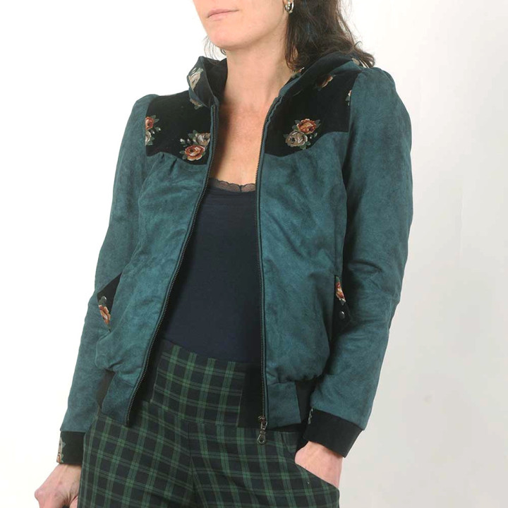 Créateur fabrication française Blouson femme suédine verte et velours vintage MALAM