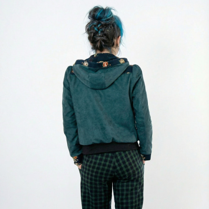 Womens handmade short green faux suede jacket, floral velvet details, MALAM made in France