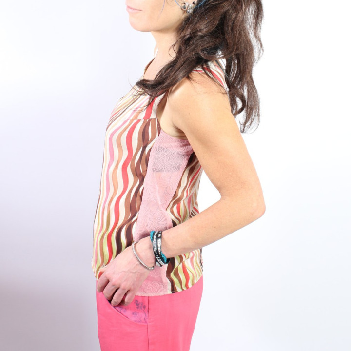 Designer women’s sleeveless summer top with delicate pink lace sides