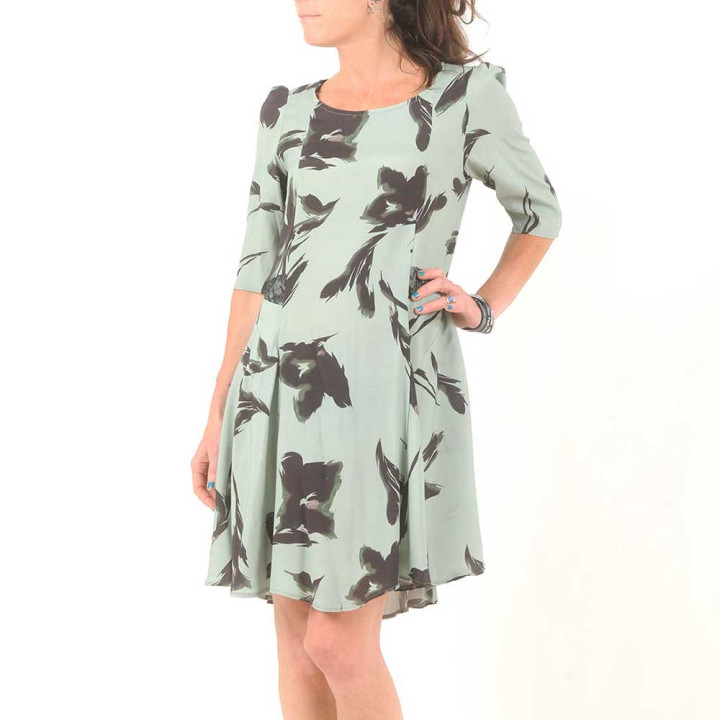 Handmade women’s summer dress with sleeves, green and black, sheer back