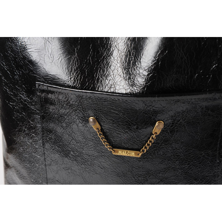 Handmade black varnished leather shopping tote bag, with pockets, MALAM