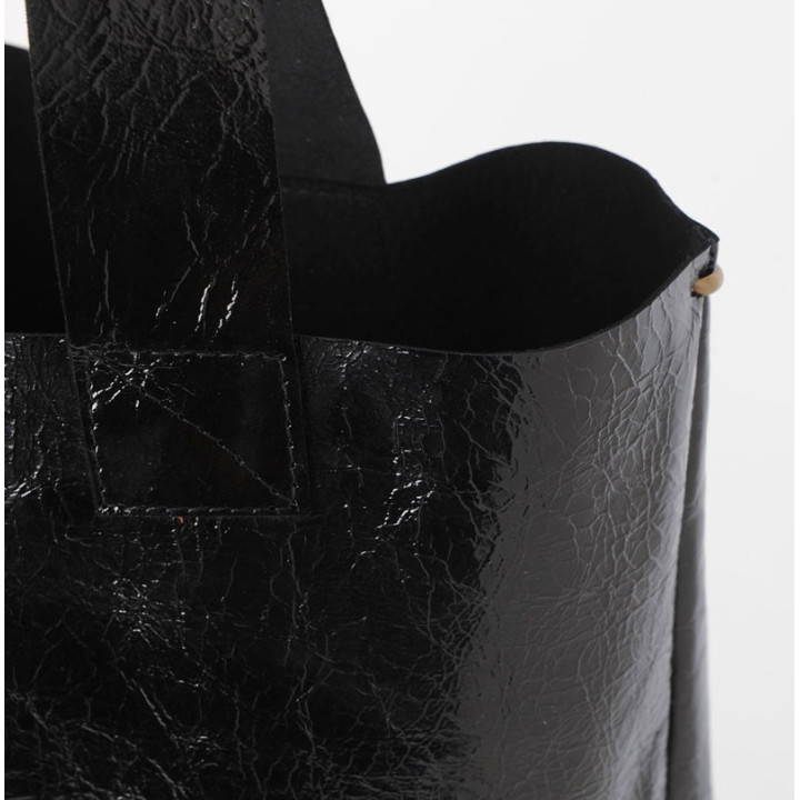 Sac shopping cabas en cuir noir vernis, Fabrication artisanale française, MALAM