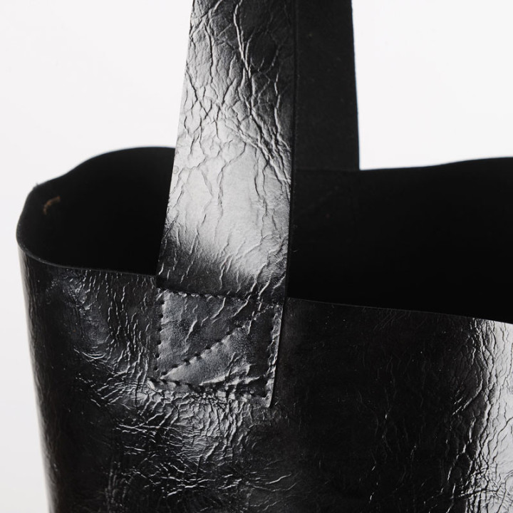 Handmade black varnished leather shopping tote bag, with pockets, MALAM