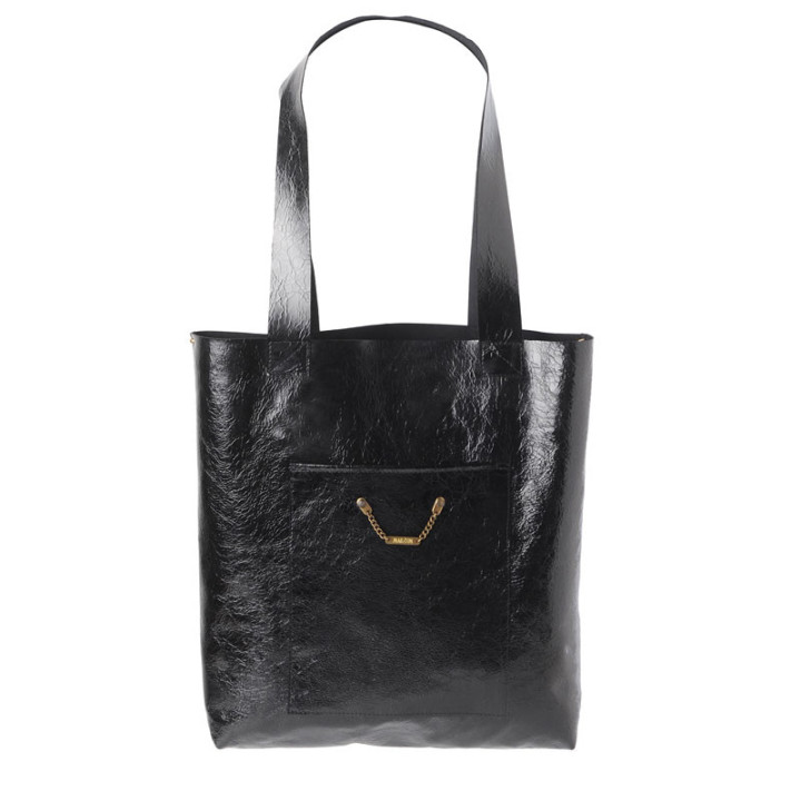 Sac cabas élégant fait main cuir noir vernis, idée cadeau femme