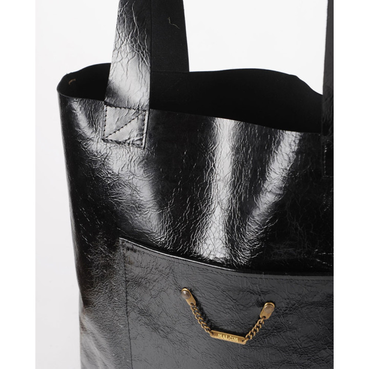 Sac shopping cabas en cuir noir vernis, Fabrication artisanale française, MALAM
